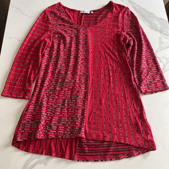 Habitat Red And Black Striped Tunic Top Womens Size Small Lagenlook 3/4 Sleeve - Picture 1 of 10